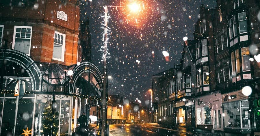 snowy night over town